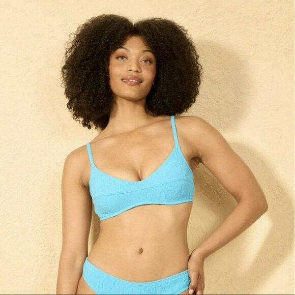 Shade And Shore Bikini Top 36B Cheeky Bottom Large Jacquard Textured Blue NWT - Picture 1 of 13